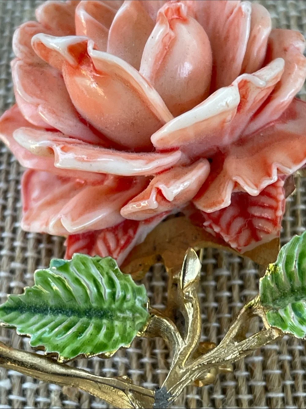 Pell Pink Flower Enamel Brooch with Green Leaves - Women Jewelry